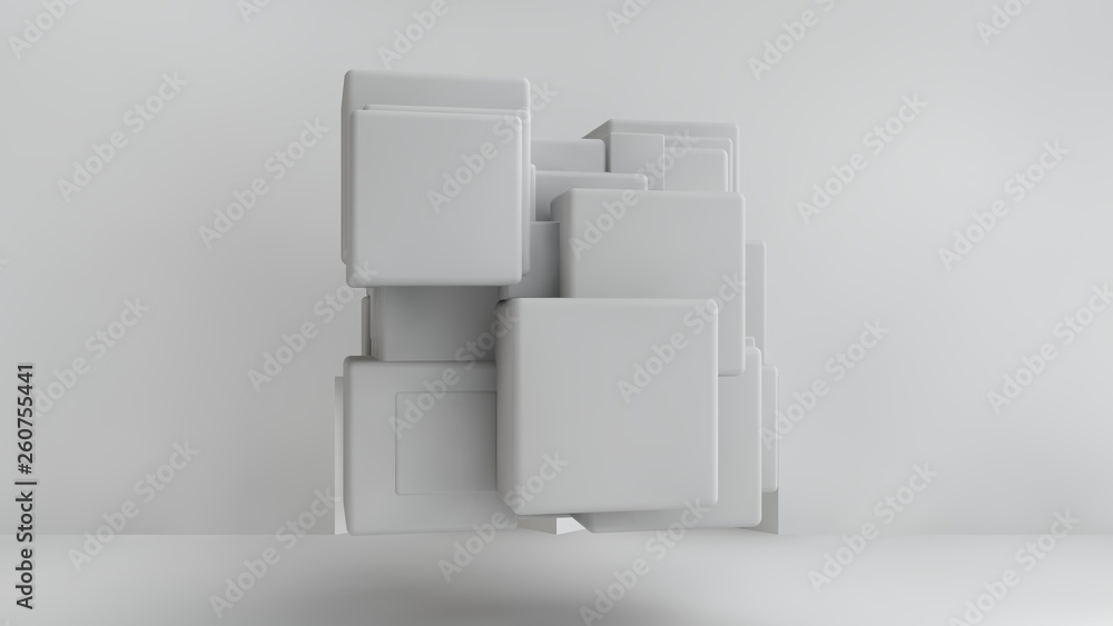 3D illustration of white cubes of different sizes in the room. Cubes hang in the air, randomly distributed in space, casting shadows. Geometrical abstraction. 3D rendering 3D illustration of white cubes of different sizes in the room. Cubes hang in the air, randomly distributed in space, casting shadows. Geometrical abstraction. 3D rendering