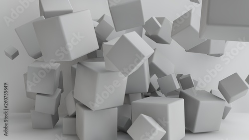 3D illustration of white cubes of different sizes in the room. Cubes hang in the air  randomly distributed and warped in space  casting shadows. Geometrical abstraction. 3D rendering