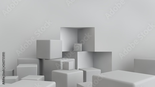 3D illustration of cubes of different size scattered randomly around the room. Cubes are chaotic in space, piling up and messing up. 3D rendering of a set of geometric shapes.