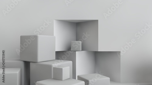 3D illustration of cubes of different size scattered randomly around the room. Cubes are chaotic in space  piling up and messing up. 3D rendering of a set of geometric shapes.