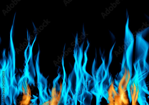 Gas flame of burning fire over black background.