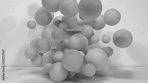 Fototapeta Naklejka Na Ścianę i Meble -  3D illustration of many white spheres of different sizes flying in the space of the room. The idea of disorder and chaos. A cloud of geometric elements. 3D rendering