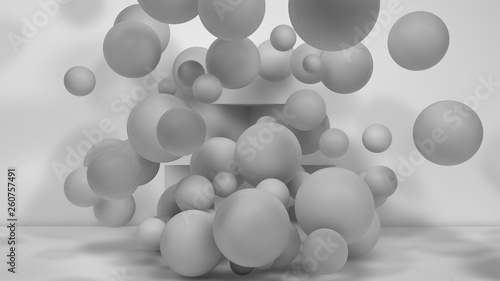 3D illustration of many white spheres of different sizes flying in the space of the room. The idea of disorder and chaos. A cloud of geometric elements. 3D rendering © Станислав Чуб