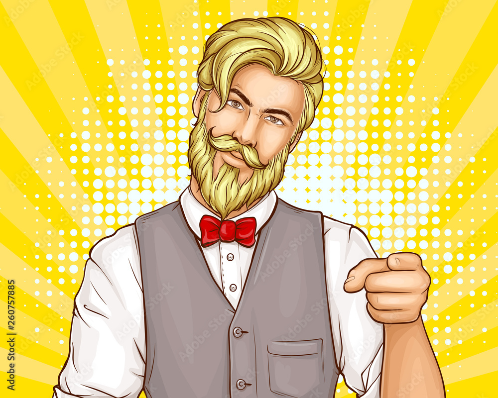 Attractive bearded hipster man in business suit waistcoat red bow tie on white shirt pointing with finger in camera pop art vector illustration on yellow dotted background. Mens fashion ad banner Stoc...