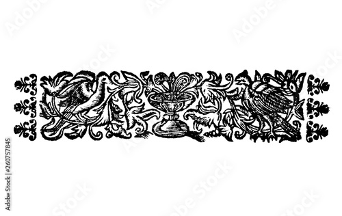 Vintage Vector Drawing or Engraving of Antique Floral Decoration Design of Two Birds and Chalice or Holy Grail