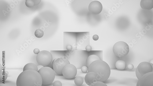 3D illustration of many white spheres of different sizes flying in the space of the room, scattered on . The idea of disorder and chaos. A cloud of geometric elements. 3D rendering © Станислав Чуб
