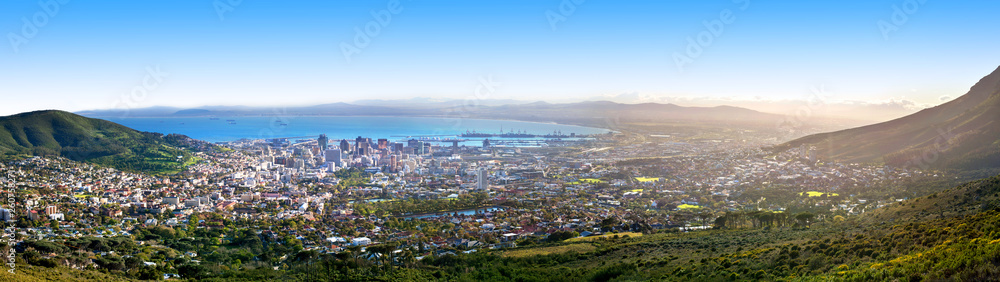 Cape Town beautiful panoramic top view from Table Mountain, scenery panorama of city and sea port harbor on sunny morning, South Africa, tourist banner design layout, copy space