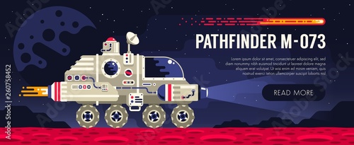 Space rover on red planet surface. Exploring an alien planet. Vector illustration.