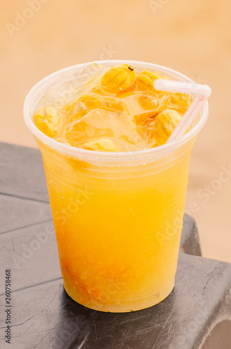 Alcohol drink with Spondias fruit typical of Brazil called Caipirinha de Seriguela. Drink of Brazilian Northeast.