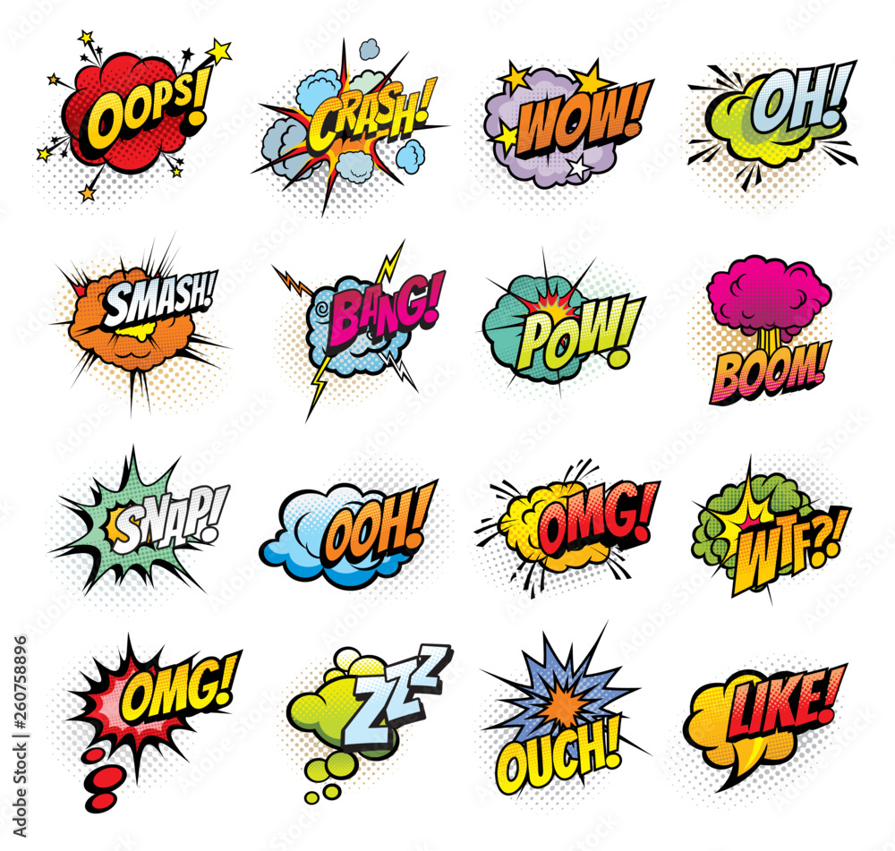 Obraz premium Comic book sound blast bubbles cartoon icons