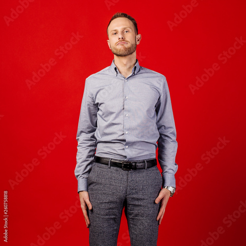 man over red background. people and emotion concept.
