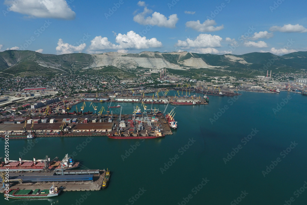 Industrial seaport, top view. Port cranes and cargo ships and barges.
