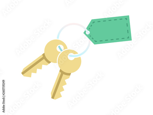 Key with blank tag keychain. Icon of house home door or car bunch golden keys on keyring. Concept for purchase real estate or realtor services sign. Vector illustration