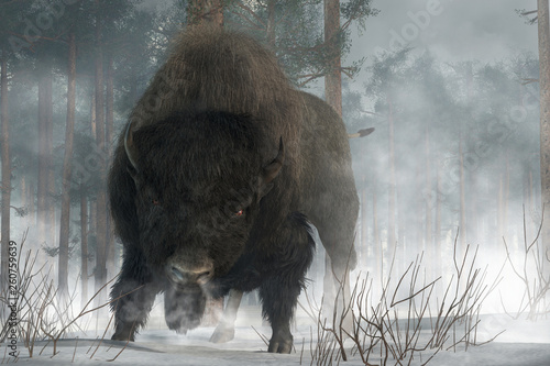 An angry buffalo faces you preparing to charge. It's a cold winter day in the wilderness American West, and the buffalo breaths an angry cloud of steam over the snowy ground. 3D Rendering © Daniel Eskridge