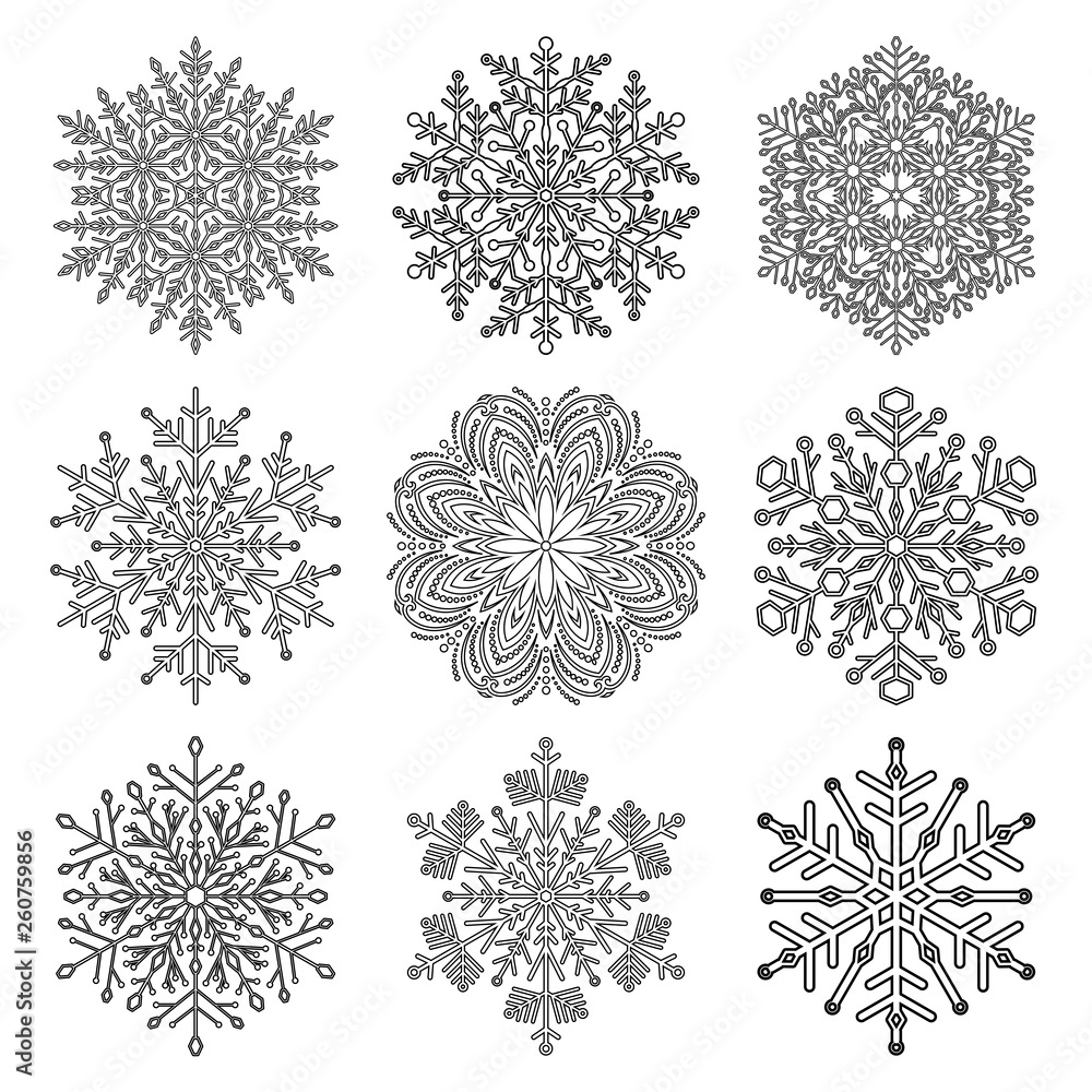 Set of snowflakes. Black and white winter ornaments. Snowflakes collection. Snowflakes for backgrounds and designs Set of snowflakes. Black and white winter ornaments. Snowflakes collection. Snowflakes for backgrounds and designs