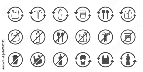 stop using plastic products vector icons isolated on white background. say no to plastic bag. plastic recycling, plastic ban and stop plastic pollution to save environment and ecology of earth
