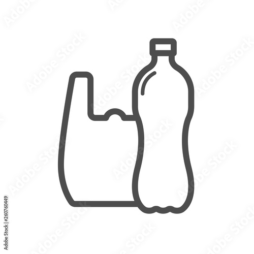 plastic bag and plastic bottle outline black vector icon. isolated on white background. plastic pollution problem