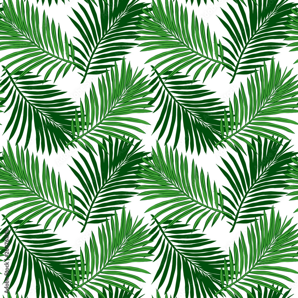 Seamless tropical background. Hand-drawn illustration of palm leaves. Background to create your design: packaging, invitations, greetings, textiles, wallpaper, etc. 