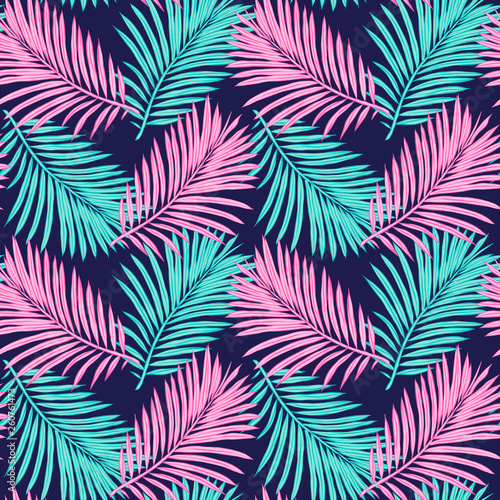 Seamless tropical background. Hand-drawn illustration of palm leaves. Background to create your design: packaging, invitations, greetings, textiles, wallpaper, etc. 