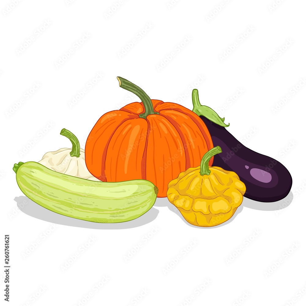 Vector Cartoon Pile of Vegetables: Squash, Pumpkin and Eggplant. Vector Cartoon Pile of Vegetables: Squash, Pumpkin and Eggplant.