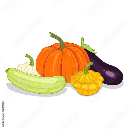 Vector Cartoon Pile of Vegetables: Squash, Pumpkin and Eggplant.