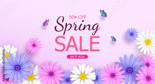 Spring Sale Banner background with beautiful colorful flowers are blooming.And use it as a banner or placard.And is used as an illustration or backdrop.