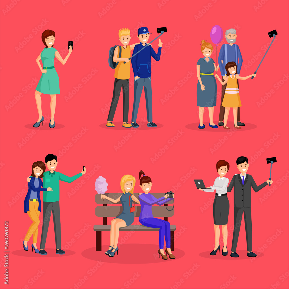 Obraz premium Cheerful people taking photos illustration set
