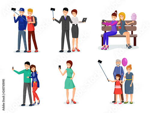 People taking selfie vector illustration set
