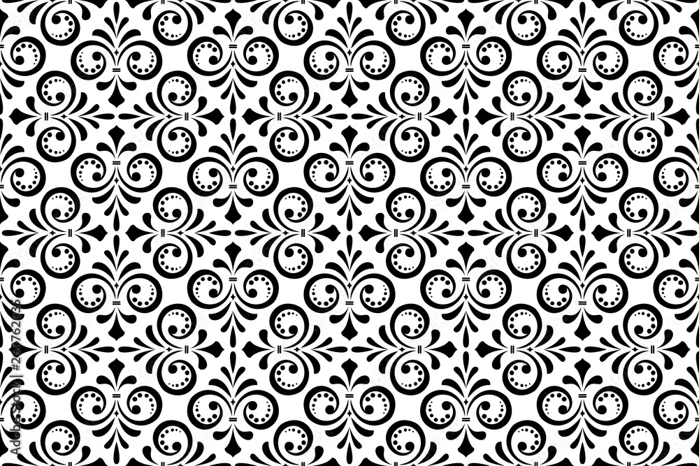 Flower geometric pattern. Seamless vector background. White and black ornament. Ornament for fabric, wallpaper, packaging. Decorative print Flower geometric pattern. Seamless vector background. White and black ornament. Ornament for fabric, wallpaper, packaging. Decorative print