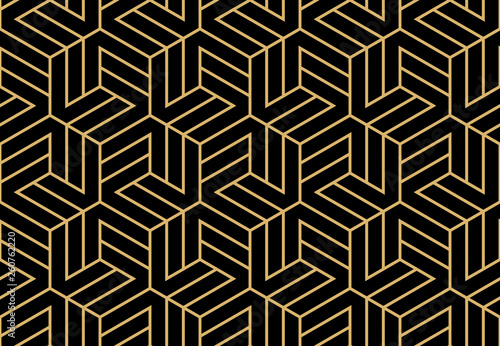 Abstract geometric pattern with stripes, lines. Seamless vector background. Gold and black ornament. Simple lattice graphic design