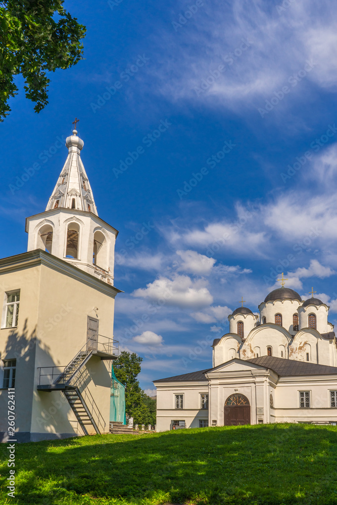St. Nicholas Cathedral and Bell tower at Yaroslav's Court in Velikiy Novgorod, Russia. Summer landscape and architectural landmark. Monument of ancient russian architecture. UNESCO world heritage site