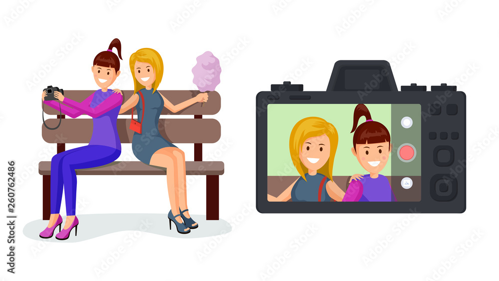 Cheerful girlfriends taking selfie illustration Cheerful girlfriends taking selfie illustration