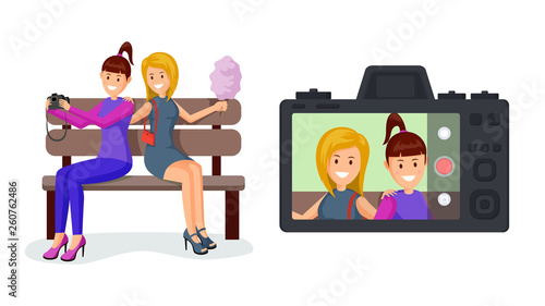 Cheerful girlfriends taking selfie illustration