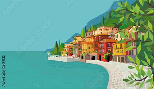 Beautiful italian landscape with water, houses, mountains.