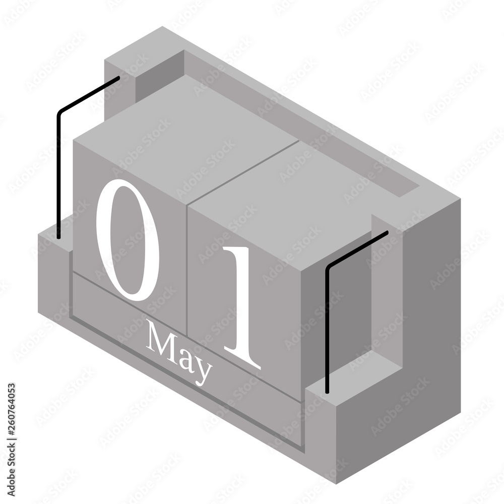 May 1st date on a single day calendar. Gray wood block calendar present date 1 and month May on white background. Holiday. Season. Vector isometric illustration May 1st date on a single day calendar. Gray wood block calendar present date 1 and month May on white background. Holiday. Season. Vector isometric illustration