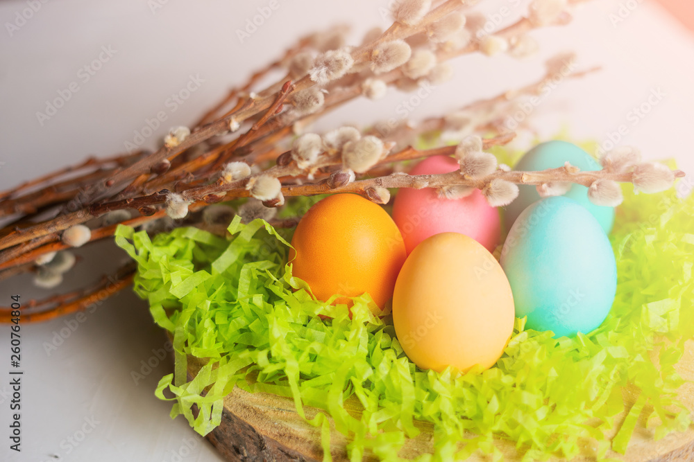 Easter eggs on the grass with willow branches Easter eggs on the grass with willow branches