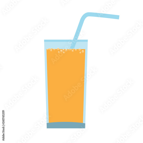 Glass with orange juice with straw and carbonated bubbles on surface. Vector illustration.