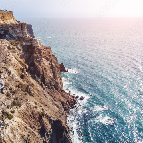 Fiolent cape, Crimea, aerial view from drone above rocky mountains and blue sea, beautiful nature landscape from above