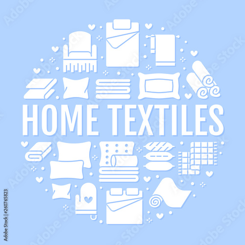 Home textiles circle template with flat glyph icons. Bedding, bedroom linen, pillows, sheets set, blanket and duvet silhouette illustrations. Blue white signs for interior store