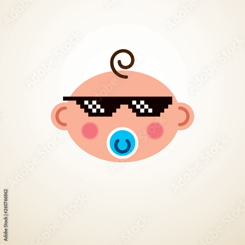 Cute baby cartoon vector flat icon, adorable happy and child with nipple and pixel glasses of life thug emoji.
