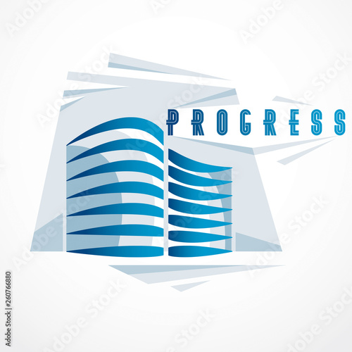 Futuristic building, modern style vector architecture illustration. Real estate realty business center design. 3D business office facade in big city. Can be used as a logo or icon.