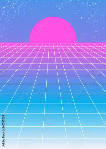 Retro pink blue background 1980s style with pink sun
