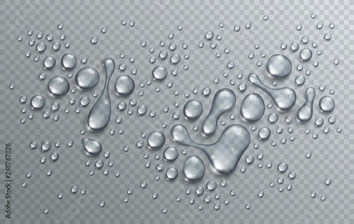 Water rain drops or condensation in shower realistic transparent 3d vector composition over transparency checker grid, easy to put over any background or use droplets separately.