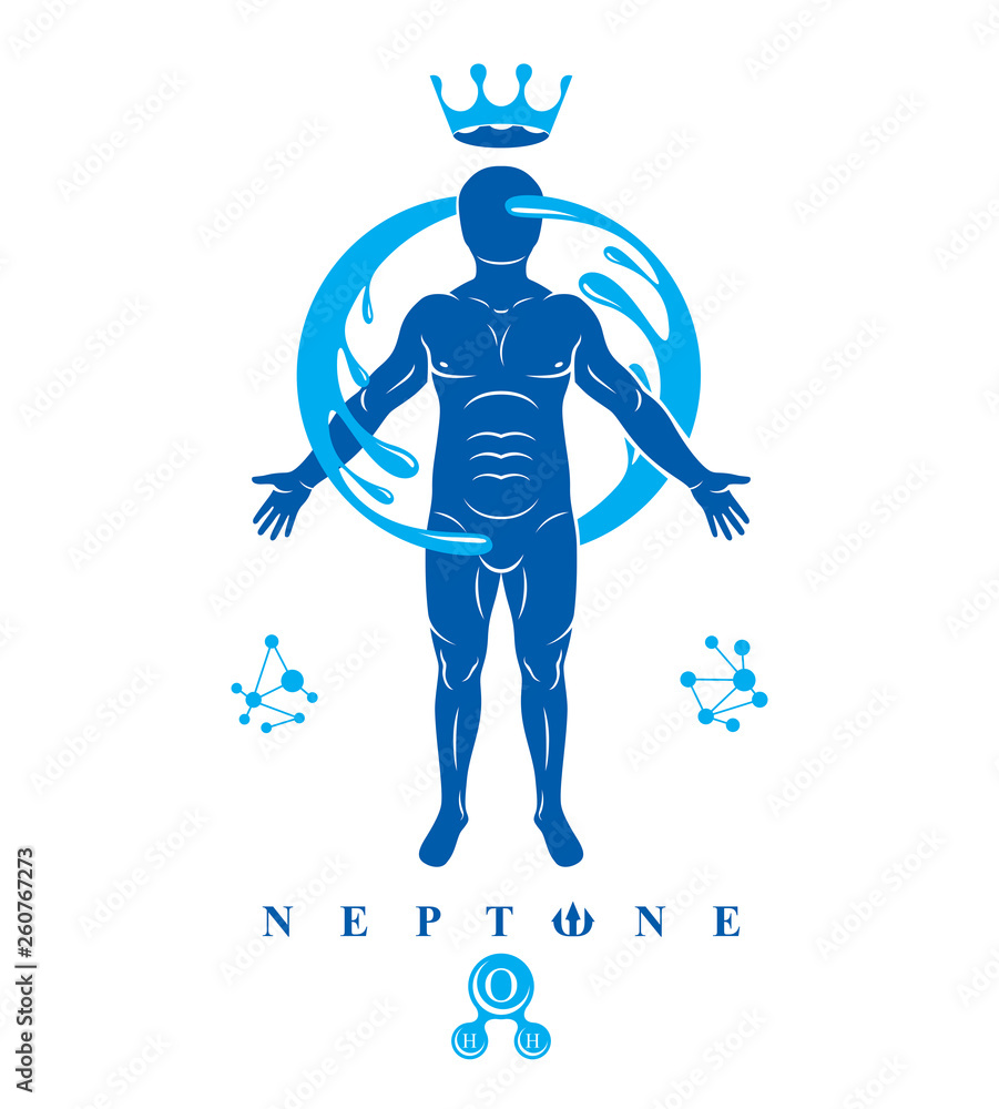 Fototapeta premium Vector graphic illustration of strong male, body silhouette surrounded by a water ball. Living in harmony with nature.