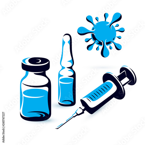 Vector graphic illustration of vial, ampoule with medicine and medical syringe for injections. Scheduled vaccination theme.
