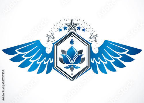Heraldic Coat of Arms, winged vintage vector emblem composed with lily flower royal symbol and pentagonal stars