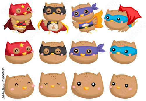 a vector collection of owl wearing superhero costume