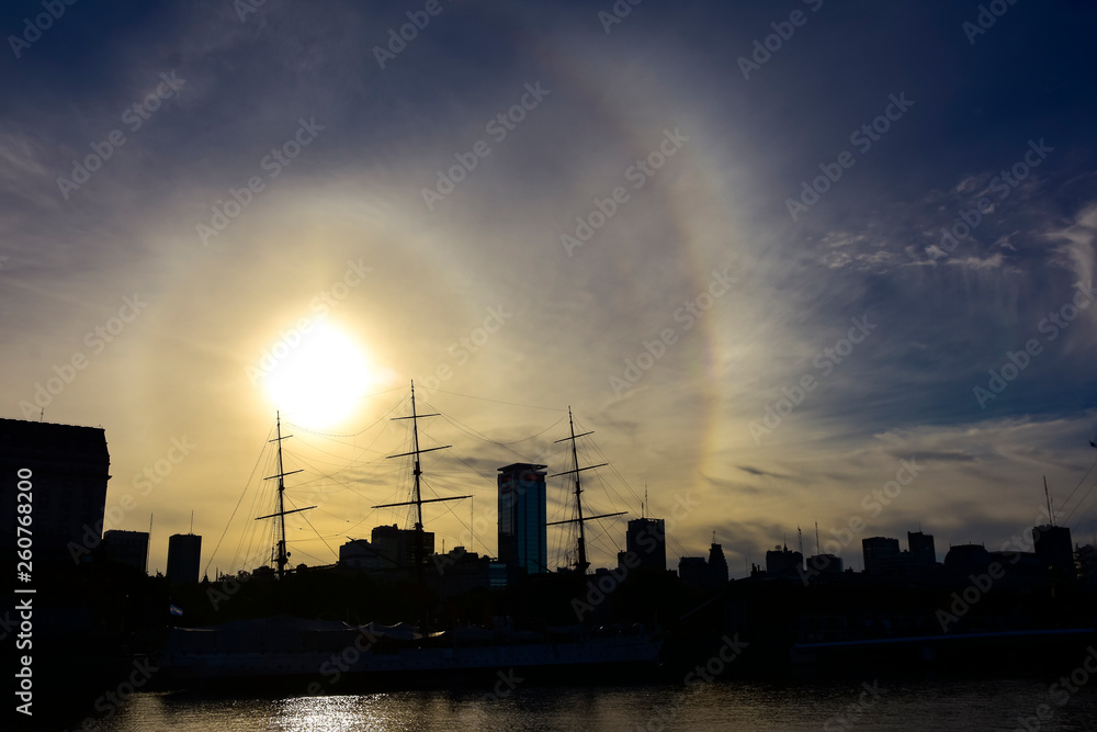 sunset with solar halo in Puerto Madero, Buenos Aires, Argentina