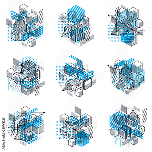 Abstract backgrounds with isometric lines, vector illustrations. Templates made with cubes, hexagons, squares, rectangles and different abstract elements. Vector set.
