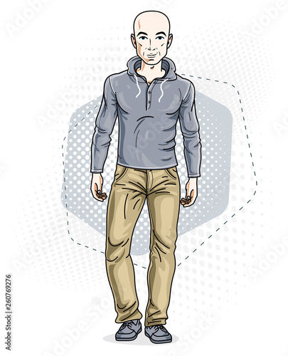 Handsome hairless young man poses on modern background. Vector illustration of male wearing jeans and pullover. Lifestyle theme clipart.
